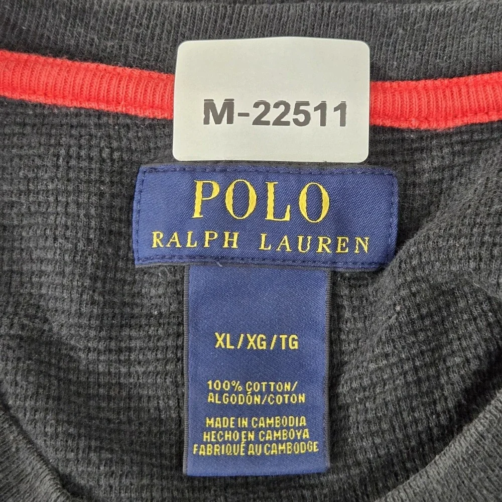 Polo Ralph Lauren Men Shirt XL Black‎ Embroidered Logo Waffle Knit Long Sleeve